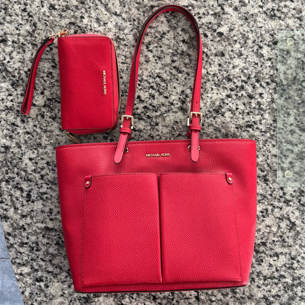 Michael Kors Jet Set Medium Pocket Tote Bag In Red With Matching Wallet/Wristlet